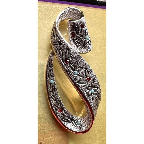 Vintage Kramer Floral Brooch Pin Signed Rare New York Ruby Turquoise Sto… - Picture 6 of 12